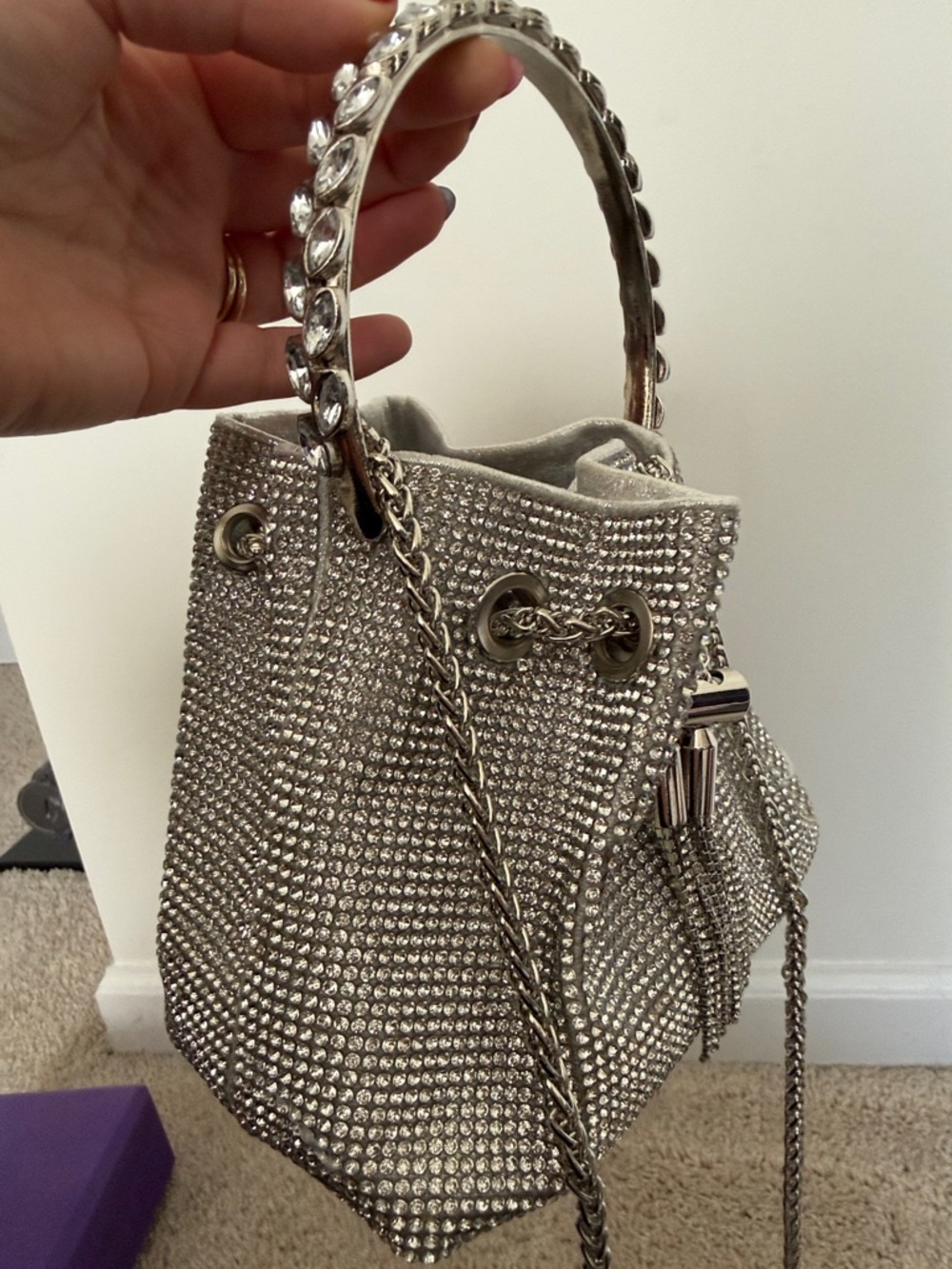 Silver Rhinestone Drawstring Bucket Bag with Chain Strap - Picture 3 of 3